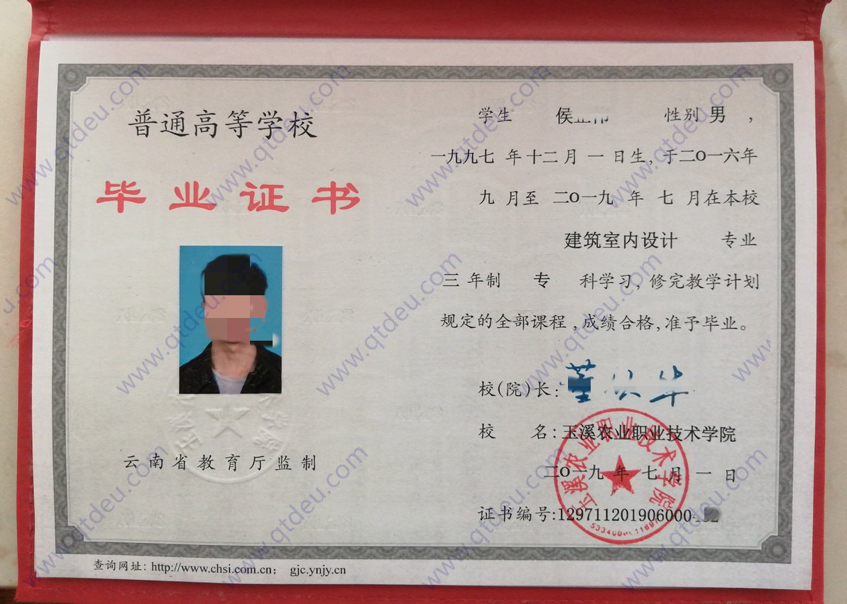 玉溪农业职业技术学院19年全日制原版大专毕业证样式