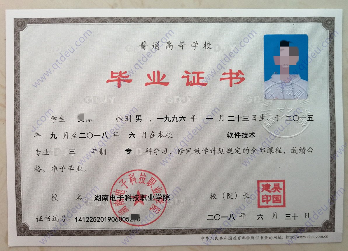 湖南电子科技职业学院 18年全日制大专毕业证原版样本样式图