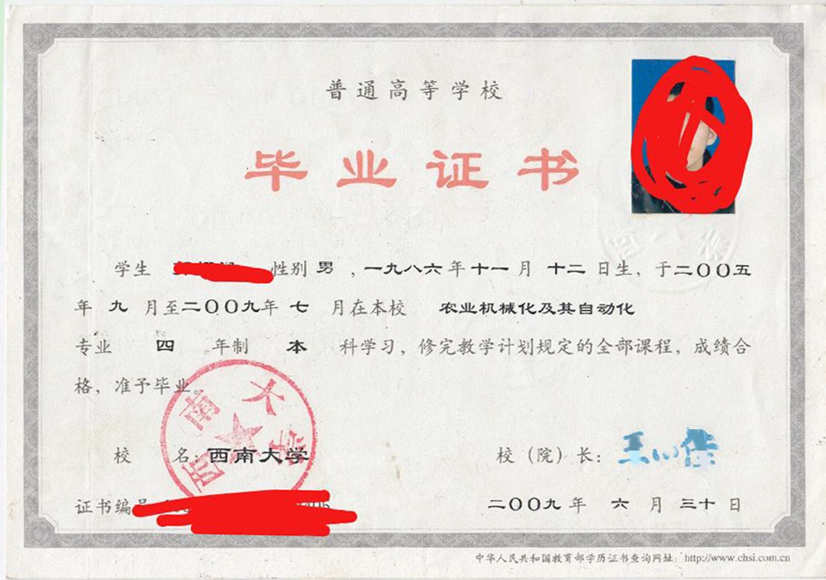 西南大学09年本科毕业证原版清晰图
