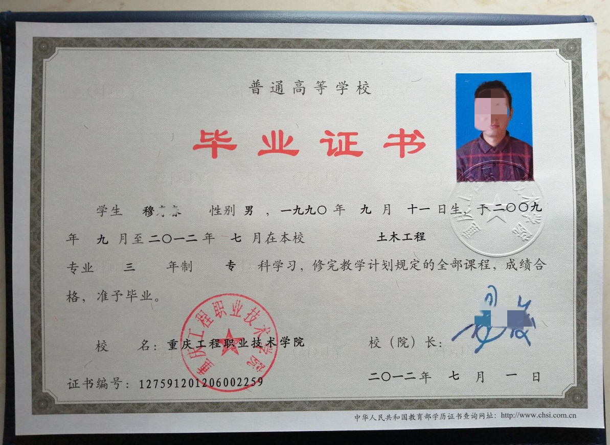 重庆工程职业技术学院 12年毕业证原版高清图