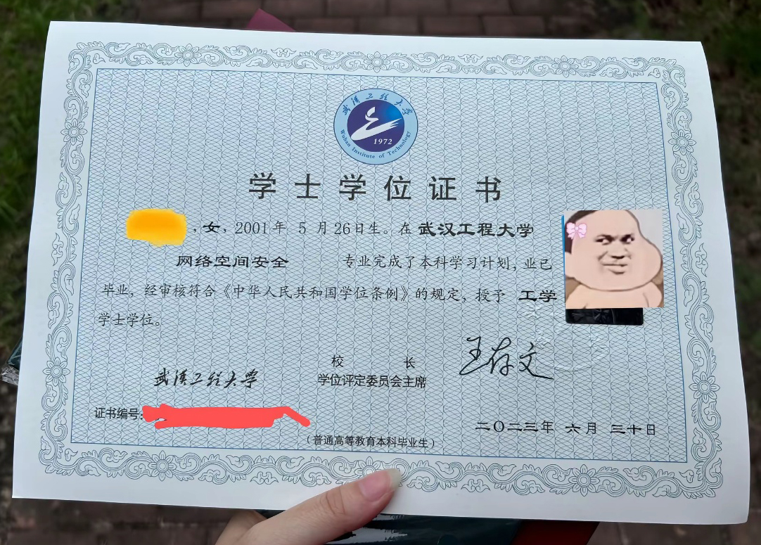 武汉工程大学23年学士学位证原版样式图