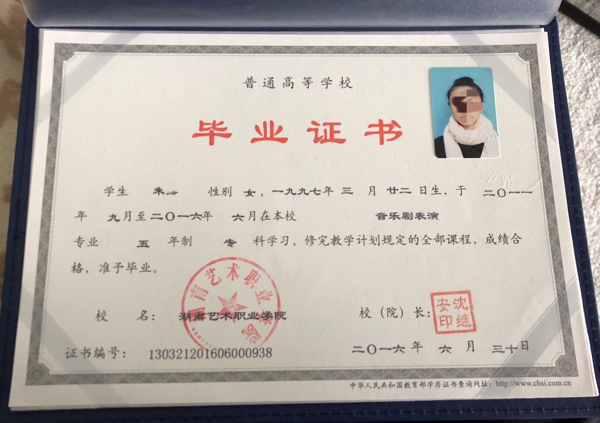 湖南艺术职业学院 16年全日制大专毕业证原版样式图片